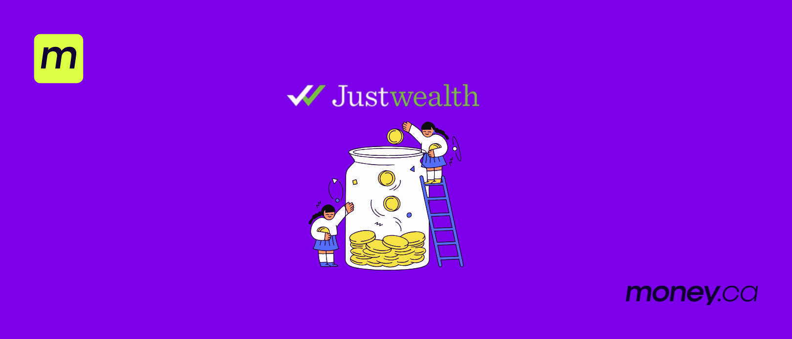 Just wealth logo and an illustration of two mini caricatures depositing  giant coins in a giant jar